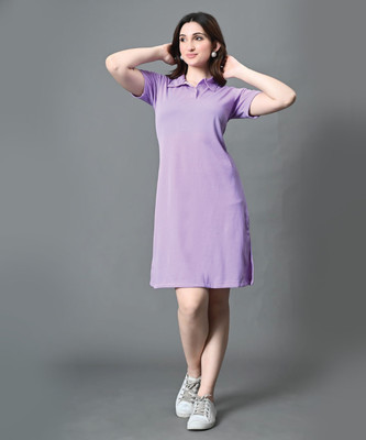 DreamBe Solid Women Polo Neck Purple T-Shirt