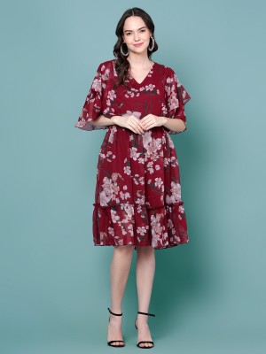 UNFLD Women Fit and Flare Maroon Dress