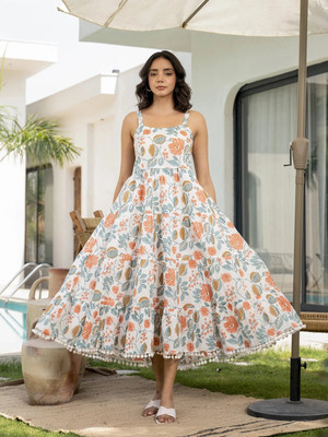 DIVENA Women Fit and Flare White Midi/Calf Length Dress