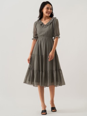 AASK Women Fit and Flare Grey Dress