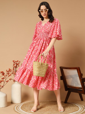 ZWERLON Women A-line Pink Midi/Calf Length Dress