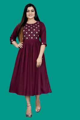 DICHIKA Fashion Women Fit and Flare Maroon Midi/Calf Length Dress