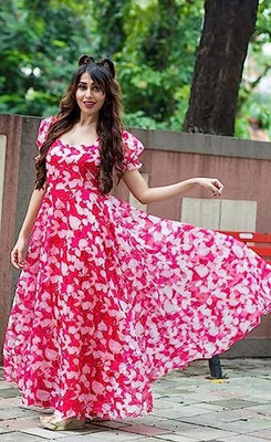 THEOMFAB Women A-line Pink Maxi/Full Length Dress