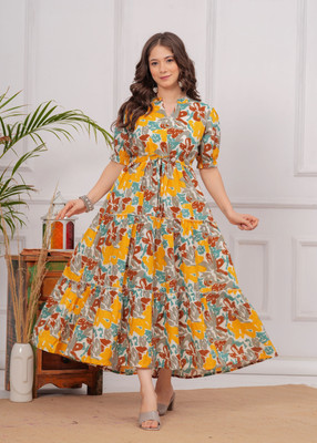 TEESHA Women Gown Beige Below Knee Dress