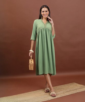 Vishudh Women Ethnic Dress Light Green, Yellow, Brown Midi/Calf Length Dress