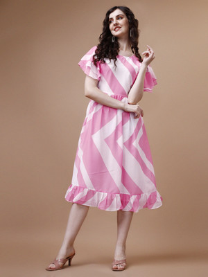 Fashion2wear Women A-line Pink, White Midi/Calf Length Dress