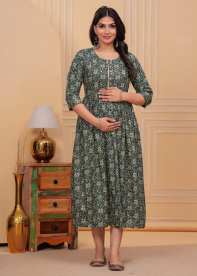 COTTON MULMUL STORE Women A-line Green Midi/Calf Length Dress