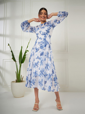 KIBO Women Maxi Blue, White Midi/Calf Length Dress