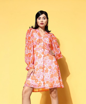 SASSAFRAS Women A-line Orange Above Knee/Mid Thigh Length Dress