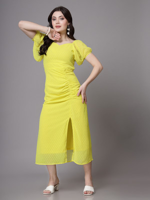 AAYU Women Sheath Yellow Midi/Calf Length Dress
