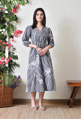 Sangria Women Fit and Flare Grey Midi/Calf Length Dress
