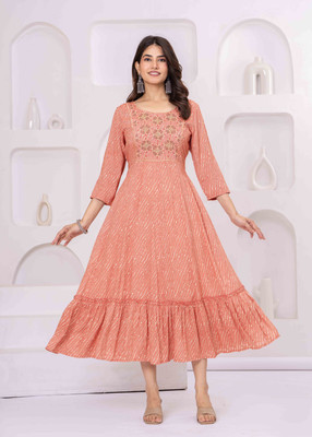 AKSHUNA Women Abstract, Embroidered Ethnic Dress Kurta(Pink)