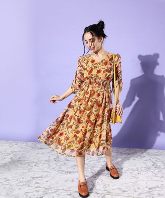 Dressberry Women Fit and Flare Yellow Midi/Calf Length Dress