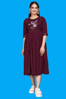 DICHIKA Fashion Women Fit and Flare Purple Midi/Calf Length Dress