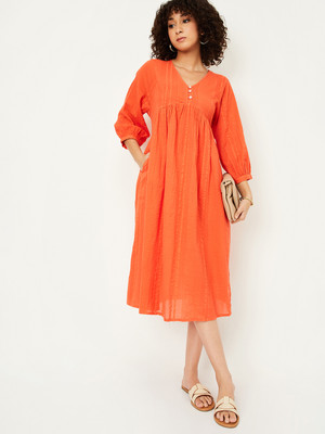 MAX Women A-line Orange Midi/Calf Length Dress