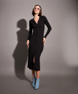 SASSAFRAS Women Bodycon Black Midi/Calf Length Dress