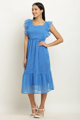 lexrex Women Fit and Flare Light Blue Midi/Calf Length Dress