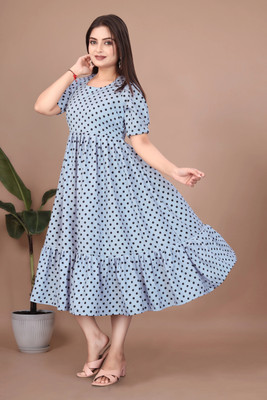 HIT FASHION HUB Women Fit and Flare Light Blue Midi/Calf Length Dress