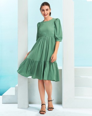 Selvia Women Fit and Flare Green Dress