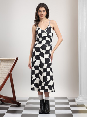 KOTTY Women A-line Black, White Midi/Calf Length Dress