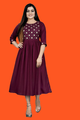 DICHIKA Fashion Women Fit and Flare Maroon Midi/Calf Length Dress