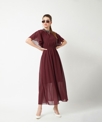 Dressberry Women Fit and Flare Maroon Maxi/Full Length Dress