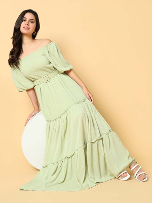 SHOWOFFFF Women Fit and Flare Green Maxi/Full Length Dress