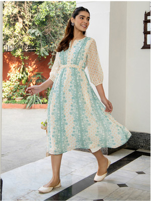 Janasya Women Fit and Flare Multicolor Midi/Calf Length Dress