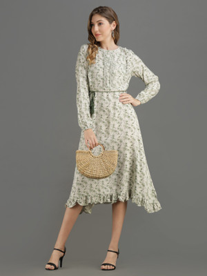 vechii Women A-line Light Green Midi/Calf Length Dress