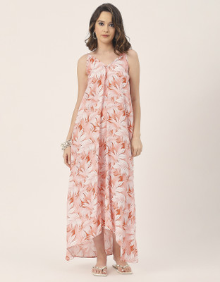 moomaya Women Maxi Pink, White Full Length Dress