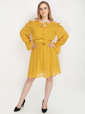 Jakanary Women Fit and Flare Yellow Above Knee/Mid Thigh Length Dress