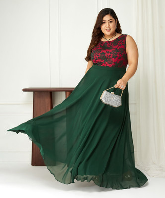 Miss Chase Women Fit and Flare Green Maxi/Full Length Dress