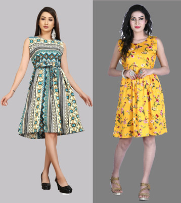 Modli 20 Fashion Women Fit and Flare Yellow Knee Length Dress