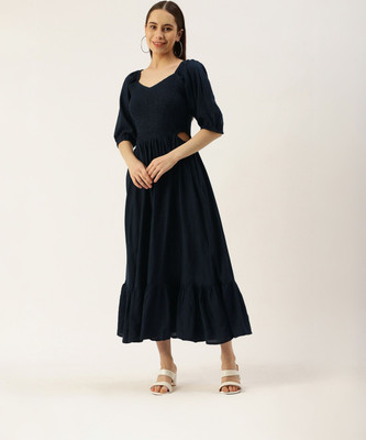 IQRAAR Women Fit and Flare Dark Blue Maxi/Full Length Dress