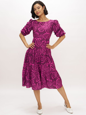 Dressberry Women Fit and Flare Pink Below Knee Dress
