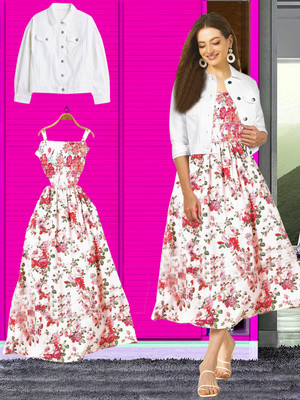 velvin Women A-line White, Multicolor Midi/Calf Length Dress