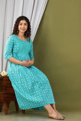 COTTON MULMUL STORE Women Fit and Flare Light Blue, White, Yellow Midi/Calf Length Dress