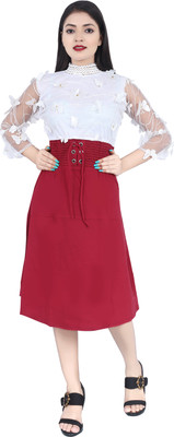 Bowden & Cahill Women Fit and Flare Maroon, White Knee Length Dress