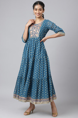 Aurelia Women Ethnic Dress Blue Below Knee Dress