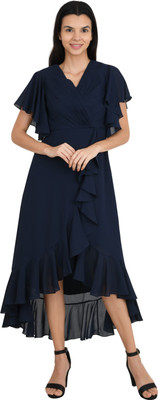 Midnoon Women Ruffled Dark Blue Midi/Calf Length Dress