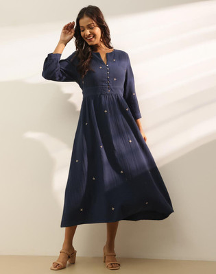 Fabindia Women Fit and Flare Blue Midi/Calf Length Dress