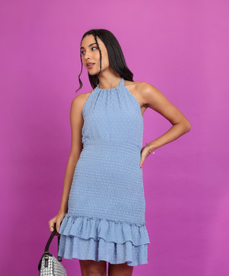 Tokyo Talkies Women Ruffled Light Blue Above Knee/Mid Thigh Length Dress