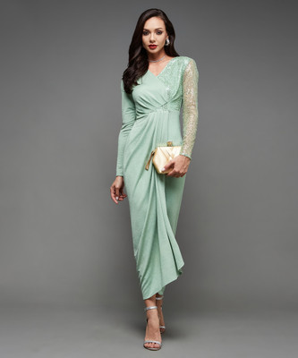 Miss Chase Women Pleated Green Maxi/Full Length Dress
