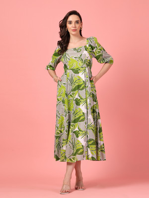 Gulabidress Women A-line Green Midi/Calf Length Dress
