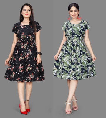 Madhave Women Fit and Flare Black Below Knee Dress