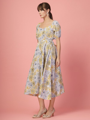 Oomph! Women Fit and Flare Yellow Midi/Calf Length Dress