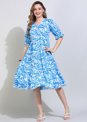 Clory fashion Women Fit and Flare Blue Below Knee Dress