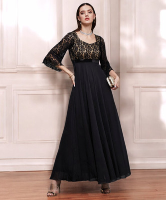 Miss Chase Women Fit and Flare Black Maxi/Full Length Dress