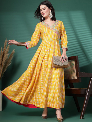 Sangria Women Fit and Flare Yellow Midi/Calf Length Dress