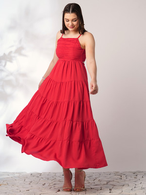 Globus Women Fit and Flare Red Maxi/Full Length Dress